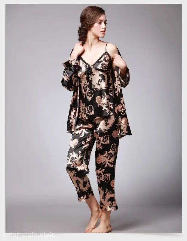 Ornate silk pajama set with floral and dragon print in black and gold, TZ013 Ladies Three-Piece Set Sapphire or Camel