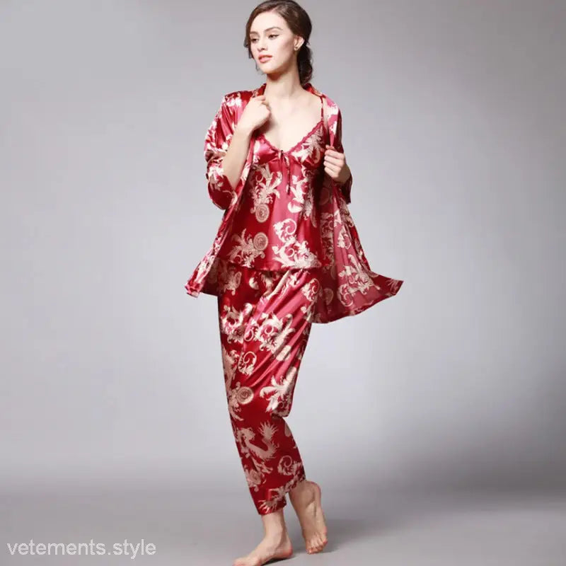 Red and gold floral patterned silk pajama set with long robe and pants, TZ013 Ladies Three-Piece Lounge Set in Sapphire or Camel