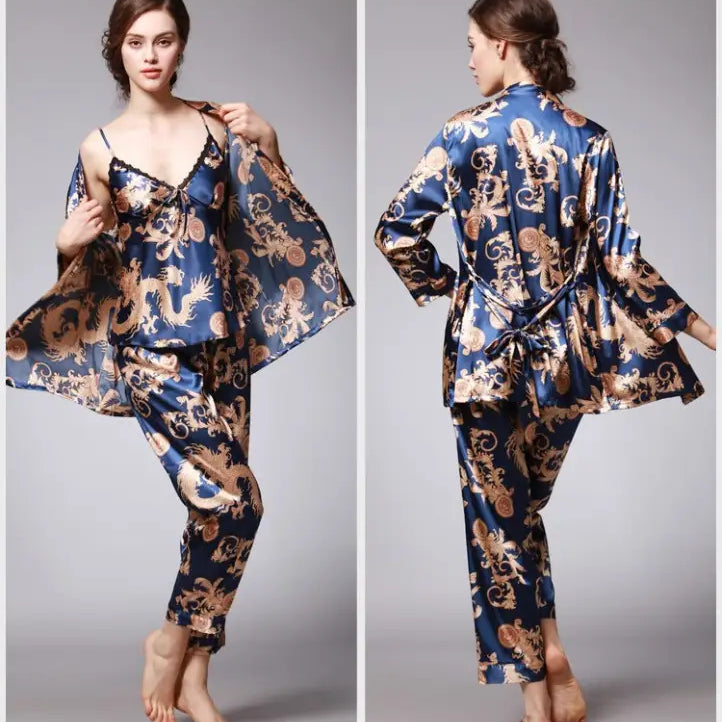 Silk pajama set with blue and gold dragon pattern, TZ013 Ladies Three-Piece Lounge Set in Sapphire or Camel