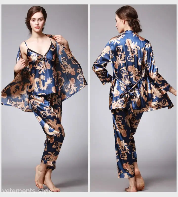 Silk pajama set with blue and gold dragon pattern, TZ013 Ladies Three-Piece Lounge Set in Sapphire or Camel