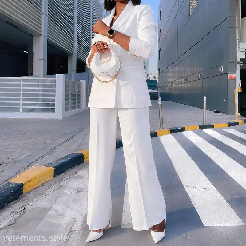 White Lady Casual Suit with Wide Leg Pants Set, paired with matching handbag and heels