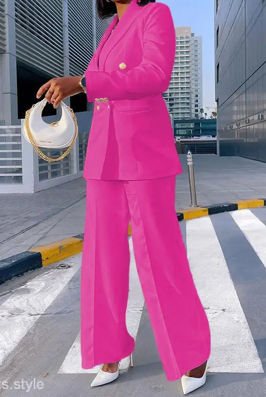 Hot pink Lady Casual Suit with Wide Leg Pants Set for Spring and Fall fashion