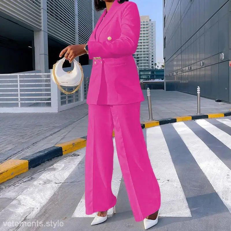 Hot pink Lady Casual Suit with Wide Leg Pants Set for Spring and Fall fashion