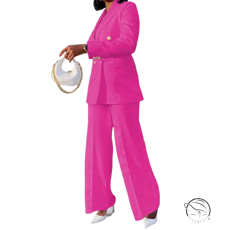 Hot pink lady casual suit with wide leg pants set for spring and fall
