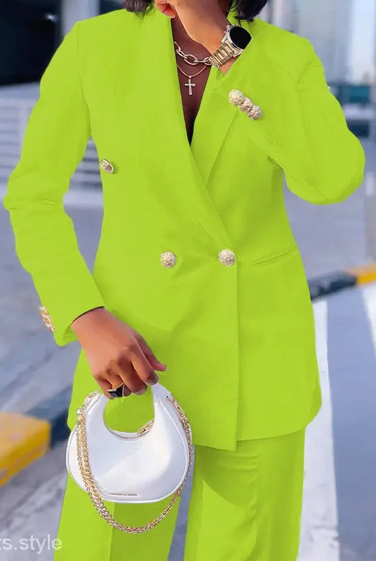 Bright green double-breasted Lady Casual Suit with Wide Leg Pants Set for Spring and Fall