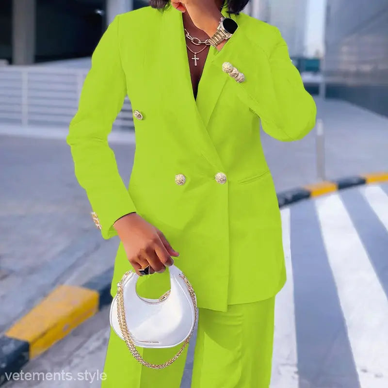 Bright green double-breasted Lady Casual Suit with Wide Leg Pants Set for Spring and Fall