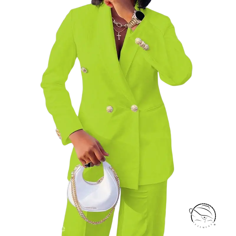 Bright green double-breasted lady casual suit with wide leg pants set