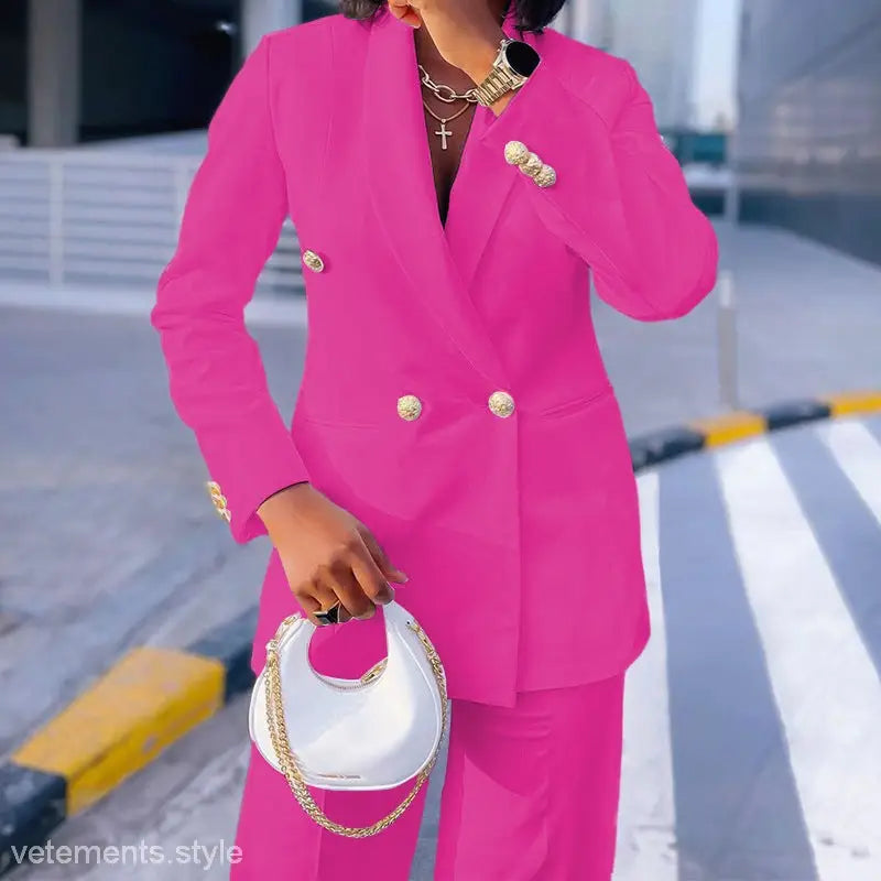 Bright pink double-breasted lady casual suit with wide leg pants set for Spring and Fall