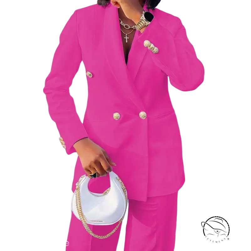 Bright pink double-breasted lady casual suit with wide leg pants set