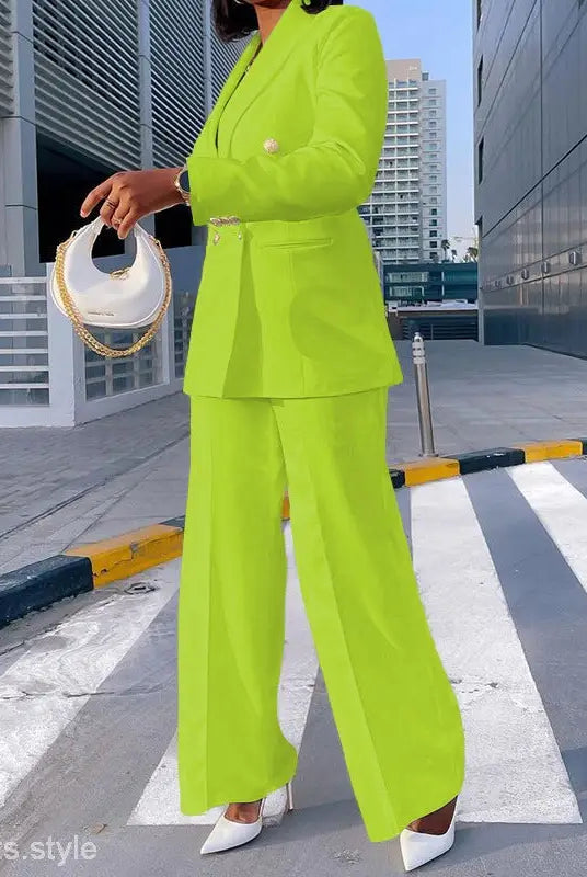Lime green Lady Casual Suit featuring a stylish Wide Leg Pants Set for Spring and Fall