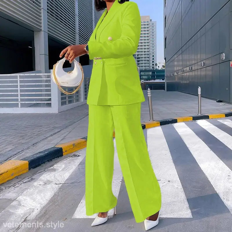 Lime green Lady Casual Suit featuring a stylish Wide Leg Pants Set for Spring and Fall