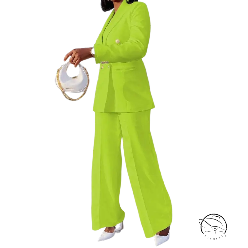 Lime green lady casual suit with wide leg pants set for spring and fall