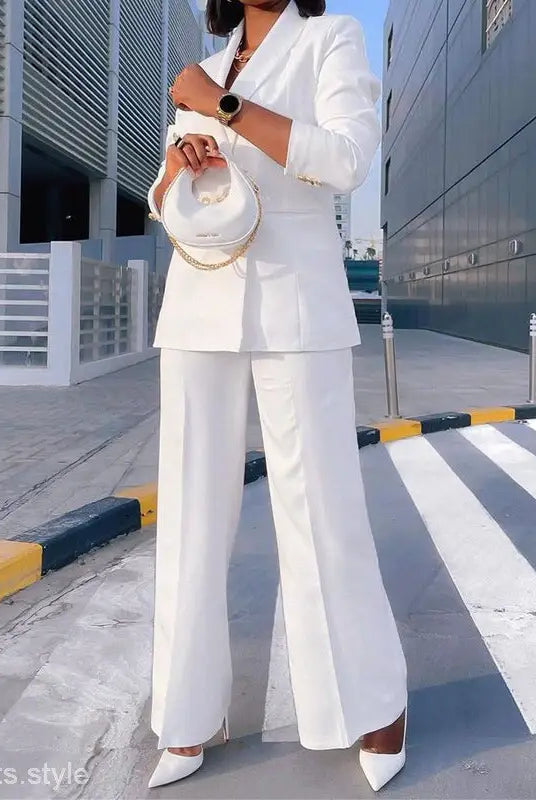 White pantsuit with matching handbag and heels in Lady Casual Suit Wide Leg Pants Set