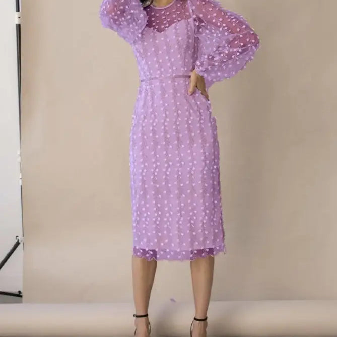 Lavender mid-length vetements glamour dress with white polka dots and puffy sleeves