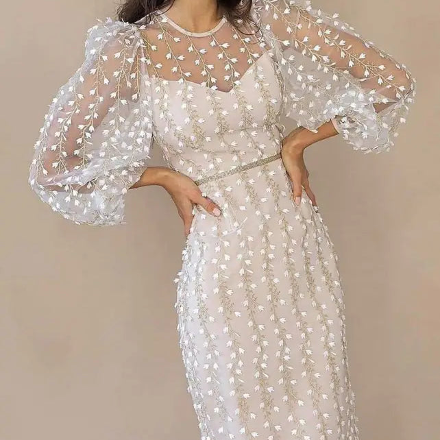Elegant white Lady Temperamental Embroidered floral midi dress with sheer sleeves and mesh accents