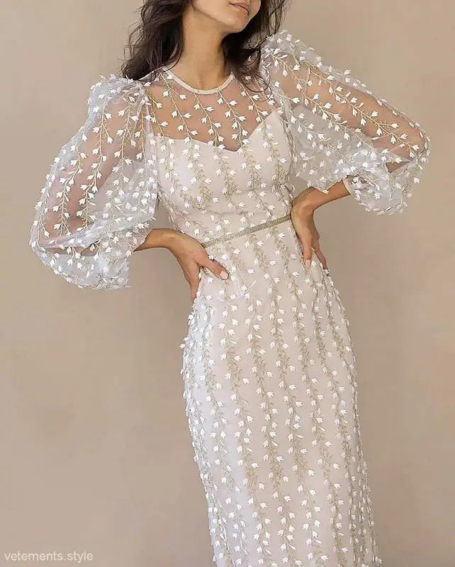 Elegant white Lady Temperamental Embroidered floral midi dress with sheer sleeves and mesh accents
