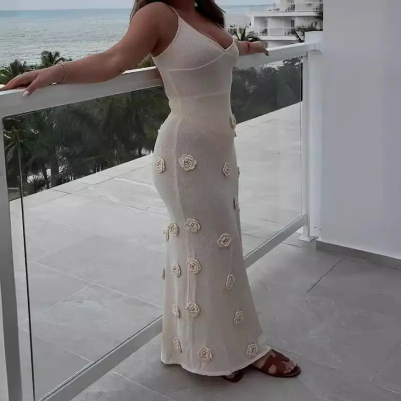 Cream-colored floral-appliqued backless bodycon maxi dress for summer parties
