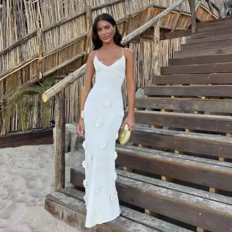 Elegant white floral-appliqued backless bodycon maxi dress for summer parties