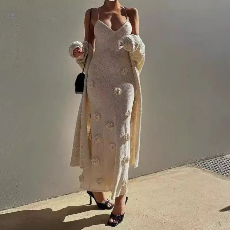 Floral-embellished knit dress and cardigan set with backless bodycon maxi design