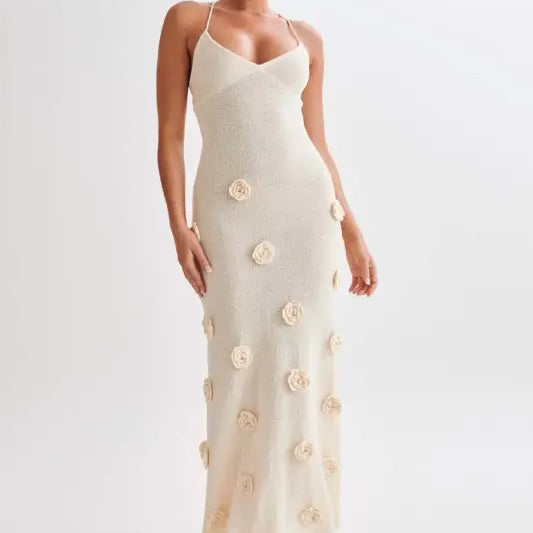 Cream-colored floral-appliqued backless bodycon maxi dress for summer parties