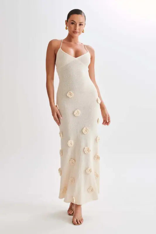 Cream-colored floral-appliqued backless bodycon maxi dress for summer parties