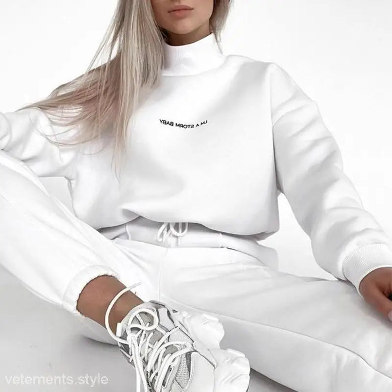 White Lanna Alphabet Outfit featuring a casual sweatshirt and sweatpants set