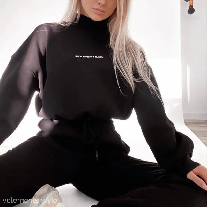 Black turtleneck sweatshirt and sweatpants set from Lanna Alphabet Outfit for winter casual wear