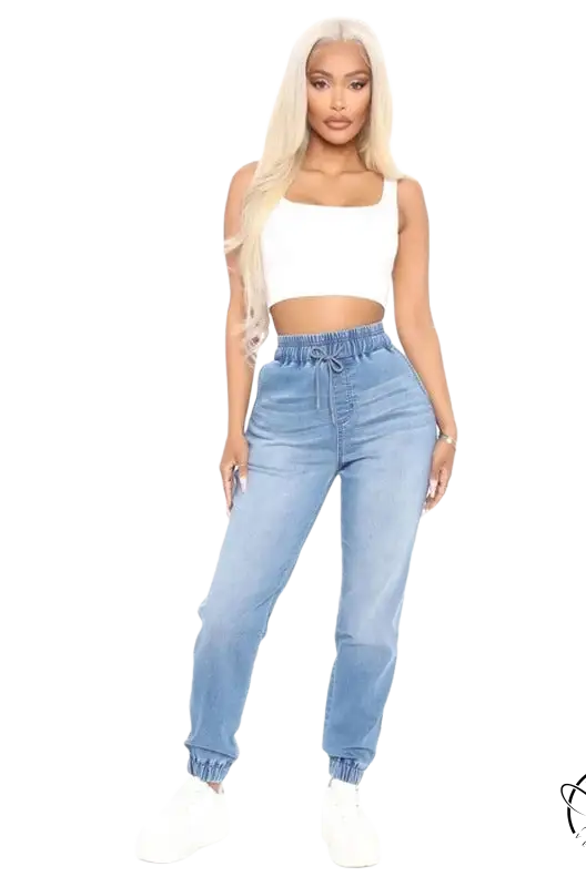 Light blue office denim paperbag waist joggers in cotton blend