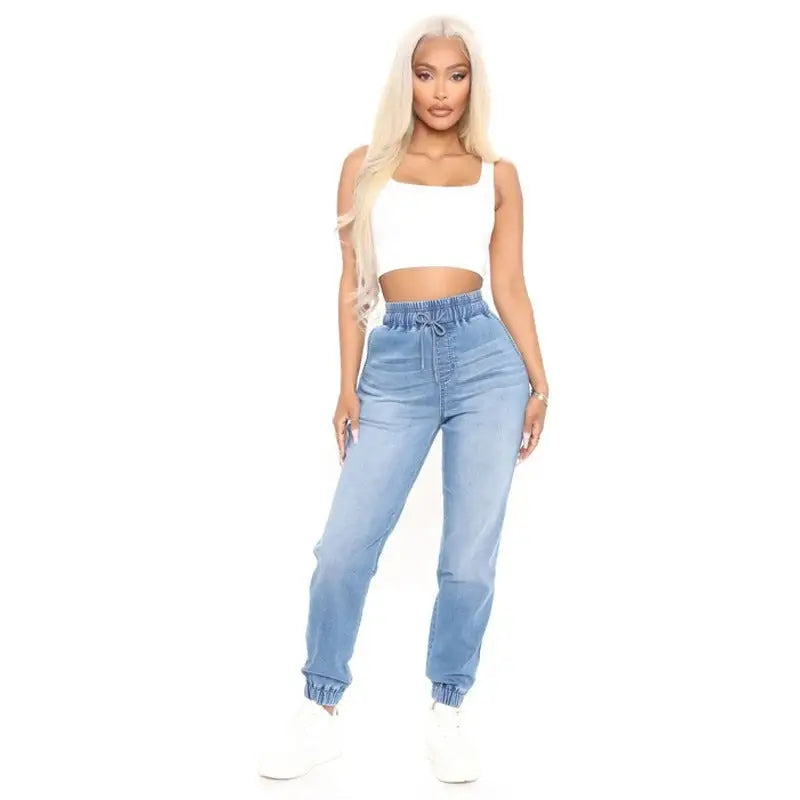 Light blue denim paperbag waist joggers ideal for office wear in blue office denim style