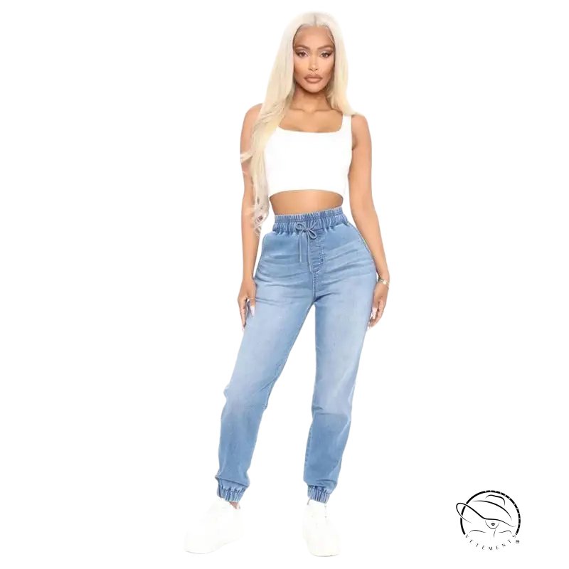 Light blue office denim paperbag waist joggers in cotton blend