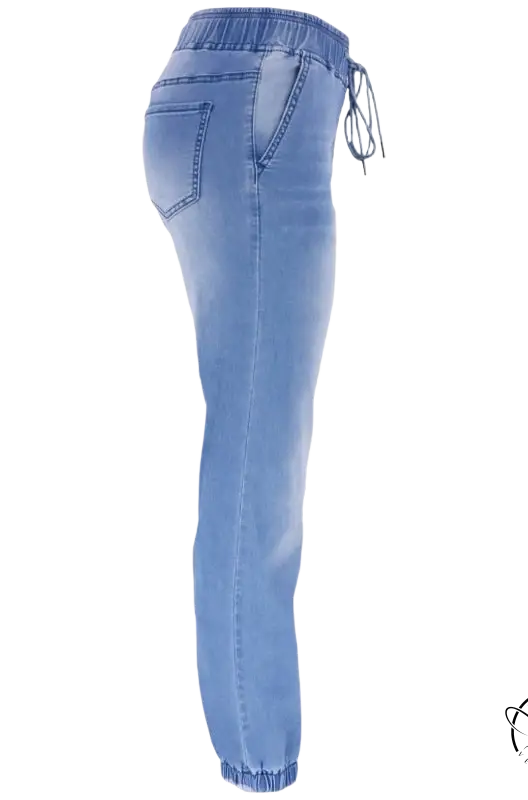 Light blue office denim joggers with elastic waist and drawstring