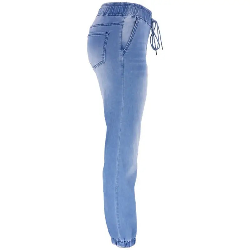 Light blue office denim joggers with elastic waist and drawstring for a professional look