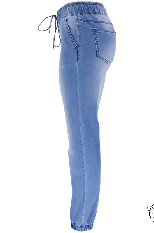 Light blue office denim joggers with elastic waistband and drawstring
