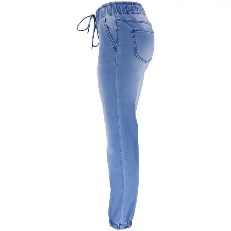 Light blue office denim joggers with elastic waistband and drawstring for a professional look
