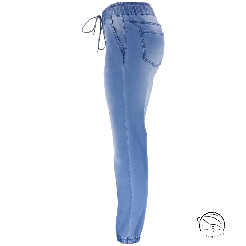 Light blue office denim joggers with elastic waistband and drawstring