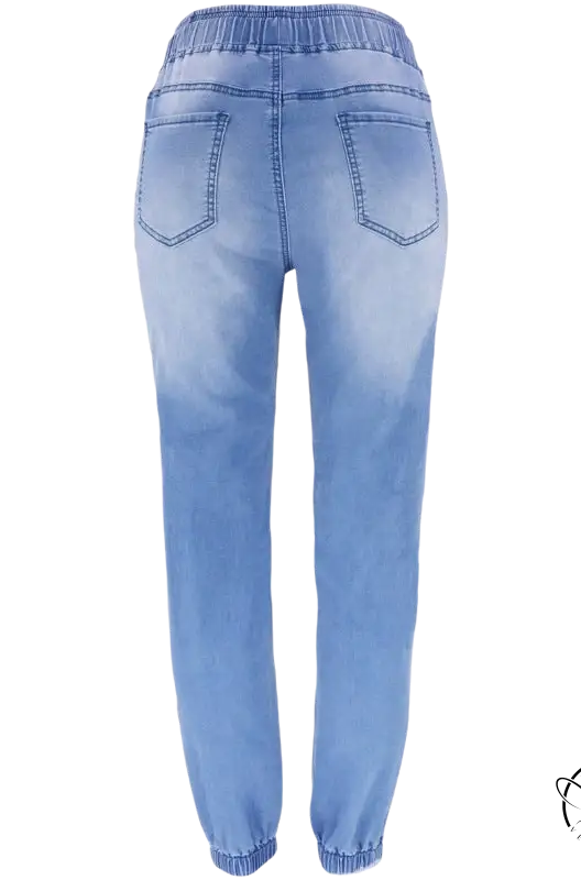 Light blue office denim joggers with elastic waistband and cuffs