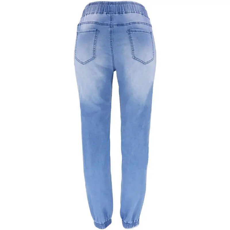 Light blue office denim joggers with elastic waist and cuffs for a professional look