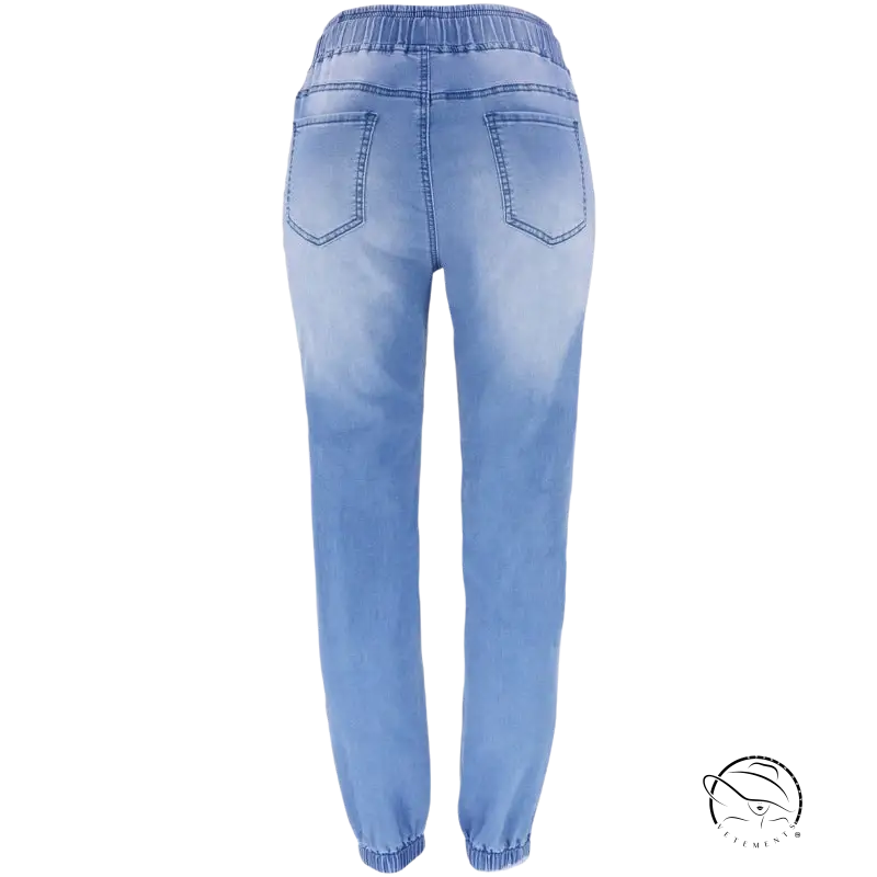 Light blue office denim joggers with elastic waistband and cuffs