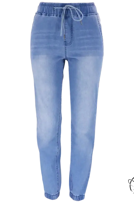 Light blue office denim jogger pants with elastic waistband and drawstring