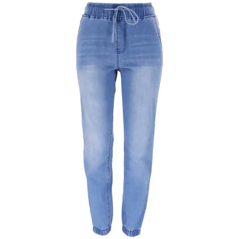 Light blue office denim jogger pants with elastic waistband and drawstring for a professional look