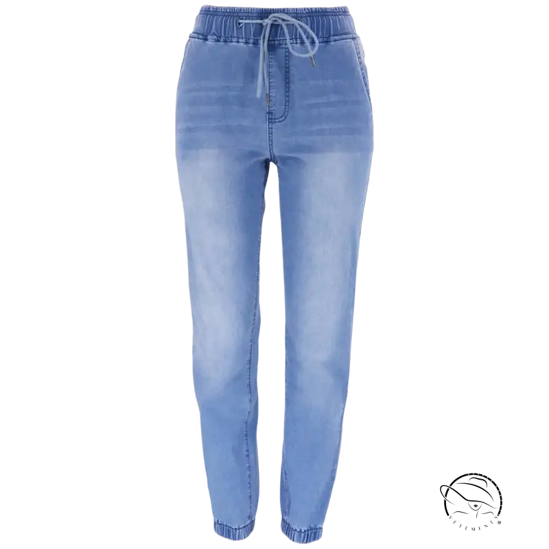 Light blue office denim jogger pants with elastic waistband and drawstring