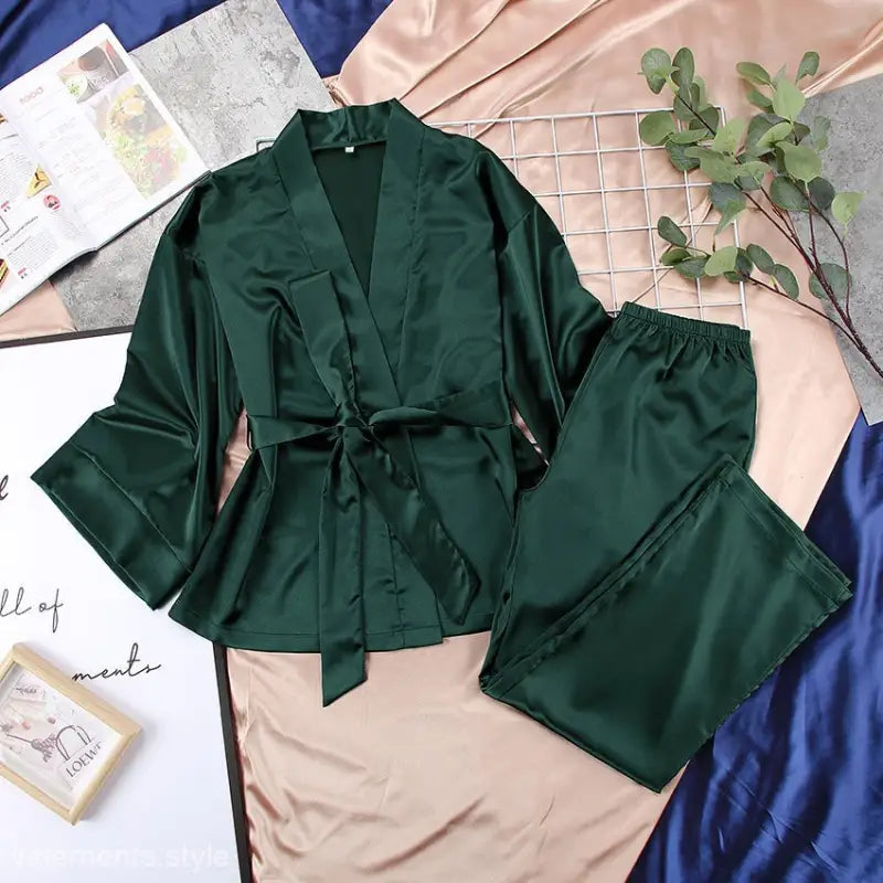 Dark green silk pajama set with belted robe top and matching pants, stylish satin pajamas set