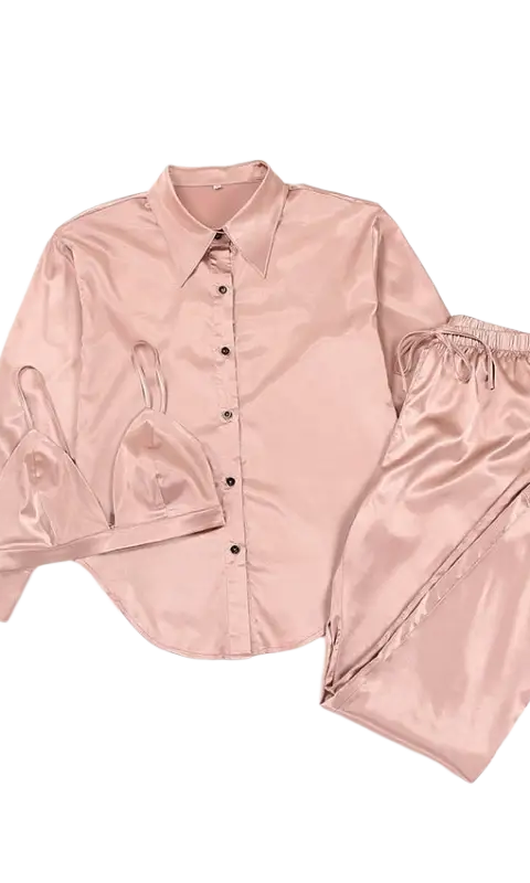 Light brown three piece pajamas with collared shirt and long pants set