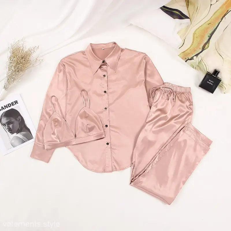 Light Brown Three Piece Pajamas featuring a collared shirt and long pants set in pink satin