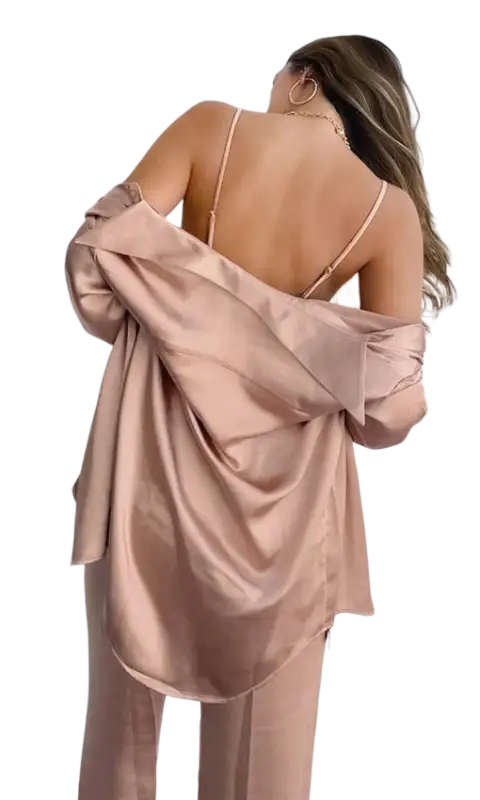 Light brown three piece pajamas with collared shirt and long pants set