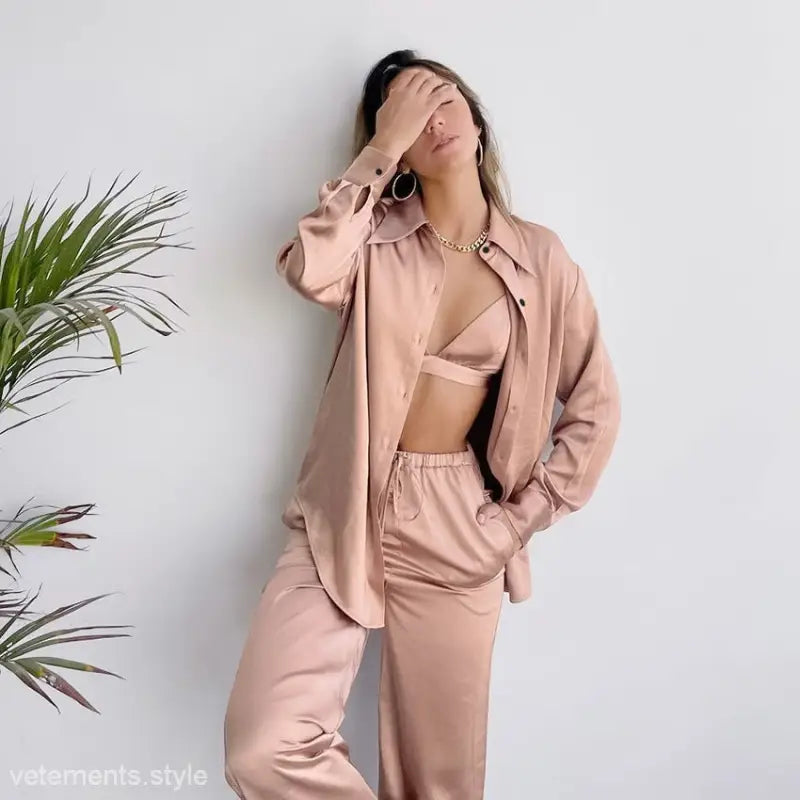 Light Brown Three Piece Pajamas featuring a stylish collared shirt and long pants set