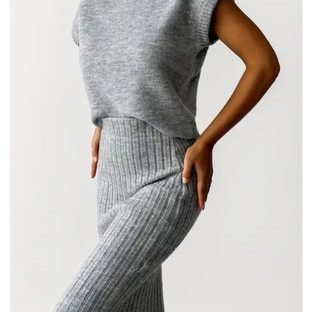 Light Coffee Cozy Knitted Set with Sleeveless Top and Midi Skirt, perfect for stylish comfort