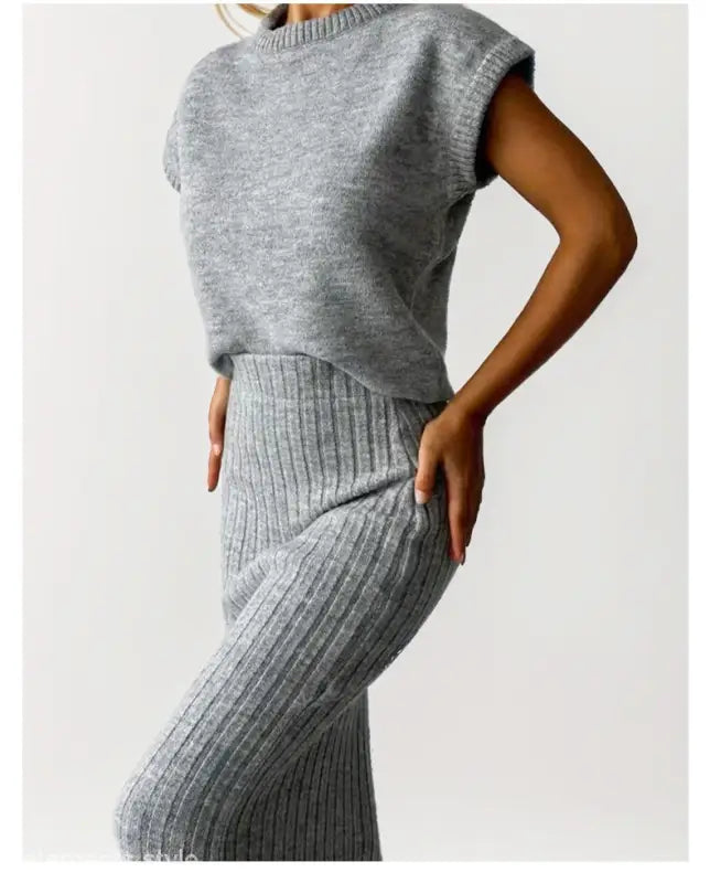 Light Coffee Cozy Knitted Set with Sleeveless Top and Midi Skirt, perfect for stylish comfort