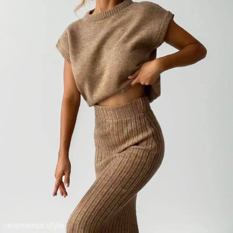 Light Coffee Cozy Knitted Set with Sleeveless Top and Midi Skirt for Women