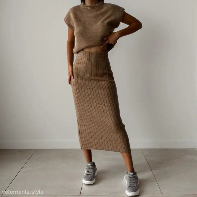 Light Coffee Cozy Knitted Set with Sleeveless Top and Midi Skirt for a stylish look